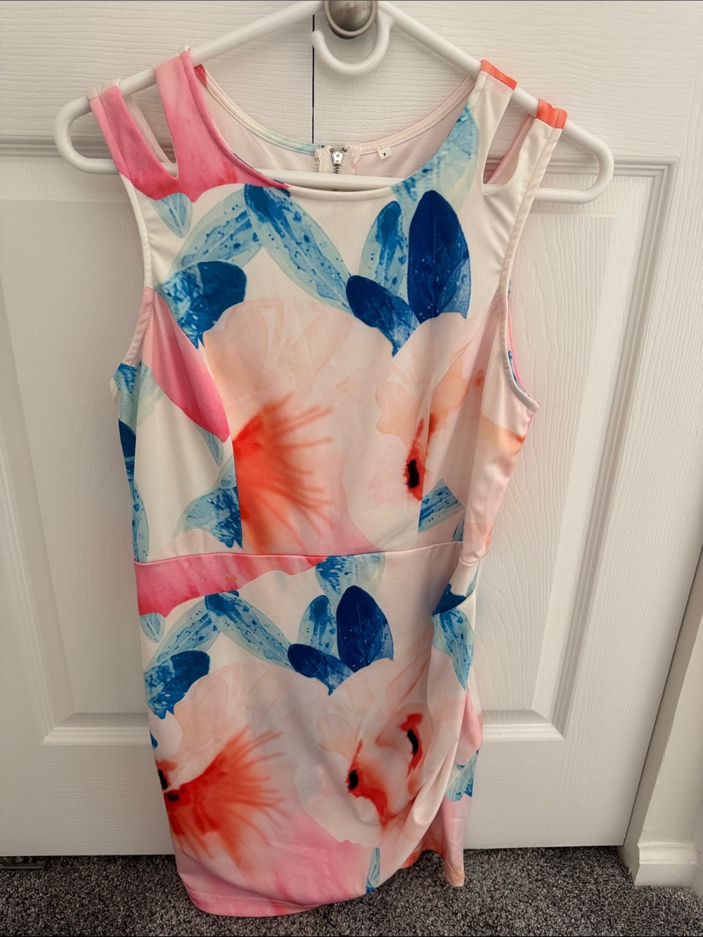 Floral Cold-Shoulder Bodycon Dress in Pink, Blue & Coral